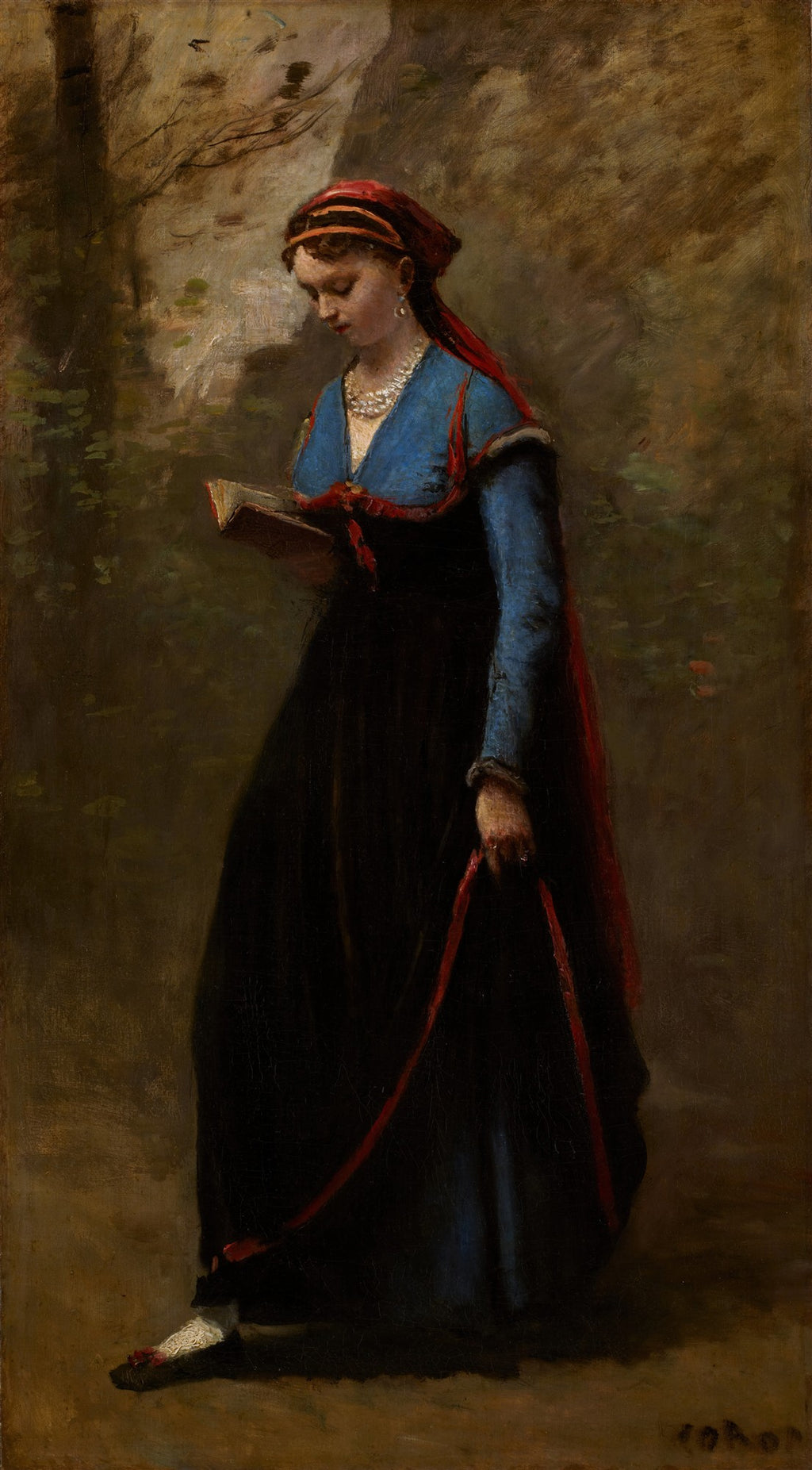 Quadro decorativo 'A Leitora' de Jean-Baptiste Camille Corot. Uma mulher jovem vestindo azul e preto com um lenço vermelho na cabeça, lendo um livro em um cenário natural e sombrio.
