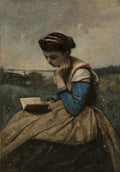 Pintura a óleo de Jean-Baptiste Camille Corot, "A Leitora", mostrando uma mulher jovem sentada em um campo verde, lendo um livro. Ela tem um lenço na cabeça e veste um vestido com mangas azuis. Ao fundo, um lago e um pequeno barco com uma figura.