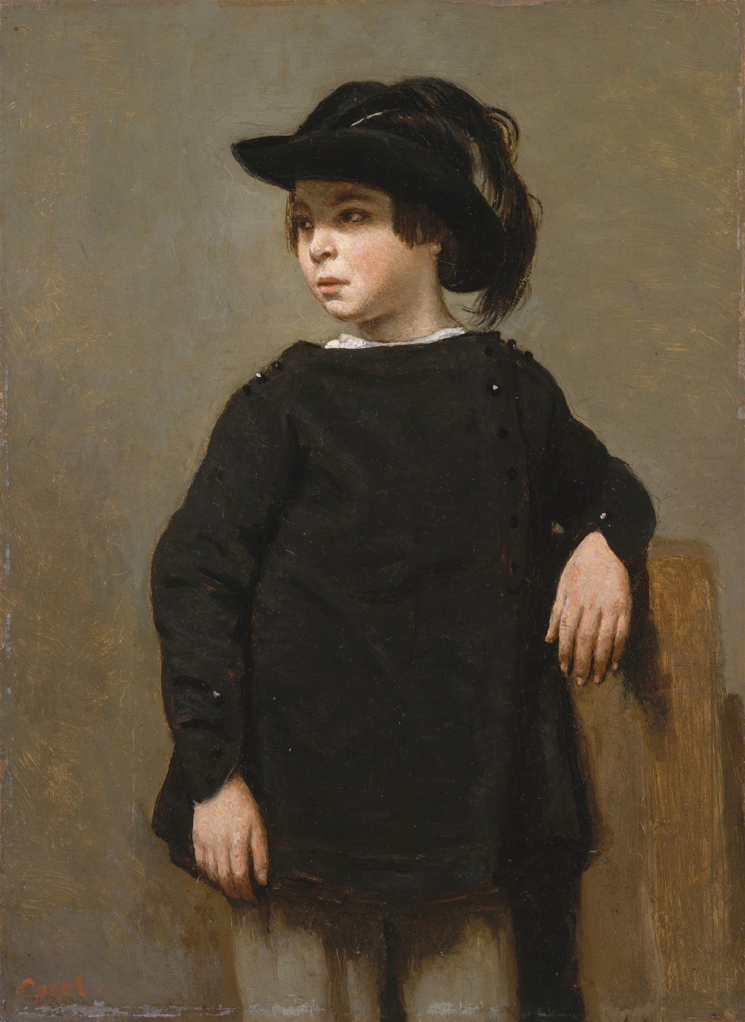 Quadro decorativo mostrando um jovem com boina escura e roupa preta, atribuído a Jean-Baptiste Camille Corot. O jovem tem uma expressão pensativa e olha para o lado esquerdo do observador, com um fundo neutro em tons terrosos.