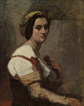 Retrato de uma mulher com coroa de folhas, olhar sereno, vestindo blusa branca e marrom, segurando uma pequena flor vermelha. Obra de Jean-Baptiste Camille Corot.
