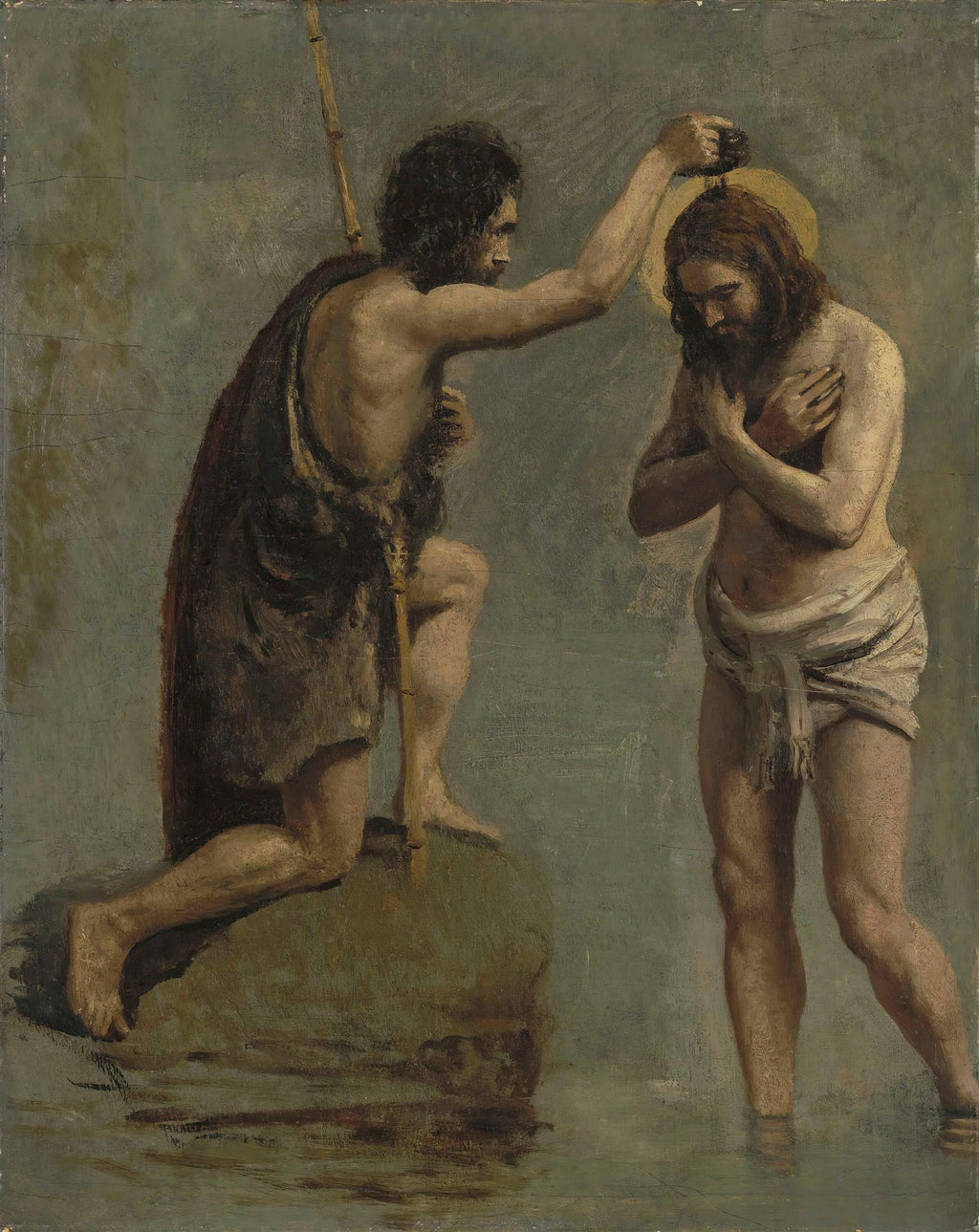 Quadro decorativo mostrando o batismo de Cristo por João Batista em tons terrosos, atribuído a Jean-Baptiste Camille Corot.