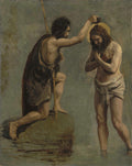 Quadro decorativo mostrando o batismo de Cristo por João Batista em tons terrosos, atribuído a Jean-Baptiste Camille Corot.
