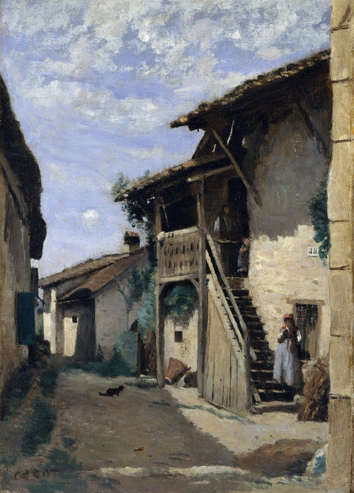 Pintura a óleo de Jean-Baptiste Camille Corot, 'Rua em Sin-le-Noble', retratando uma rua estreita com casas de arquitetura rústica, um gato preto, e pessoas nas escadas e varandas, sob um céu azul com nuvens.