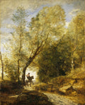 Pintura a óleo de Jean-Baptiste Camille Corot mostrando um cavaleiro a cavalo em uma trilha arborizada e sombria, com árvores de folhagem dourada e céu nublado.