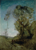 Quadro decorativo paisagem de Corot com um viajante solitário em um caminho entre árvores frondosas e um céu azul-turquesa. Uma casa distante aparece na colina.