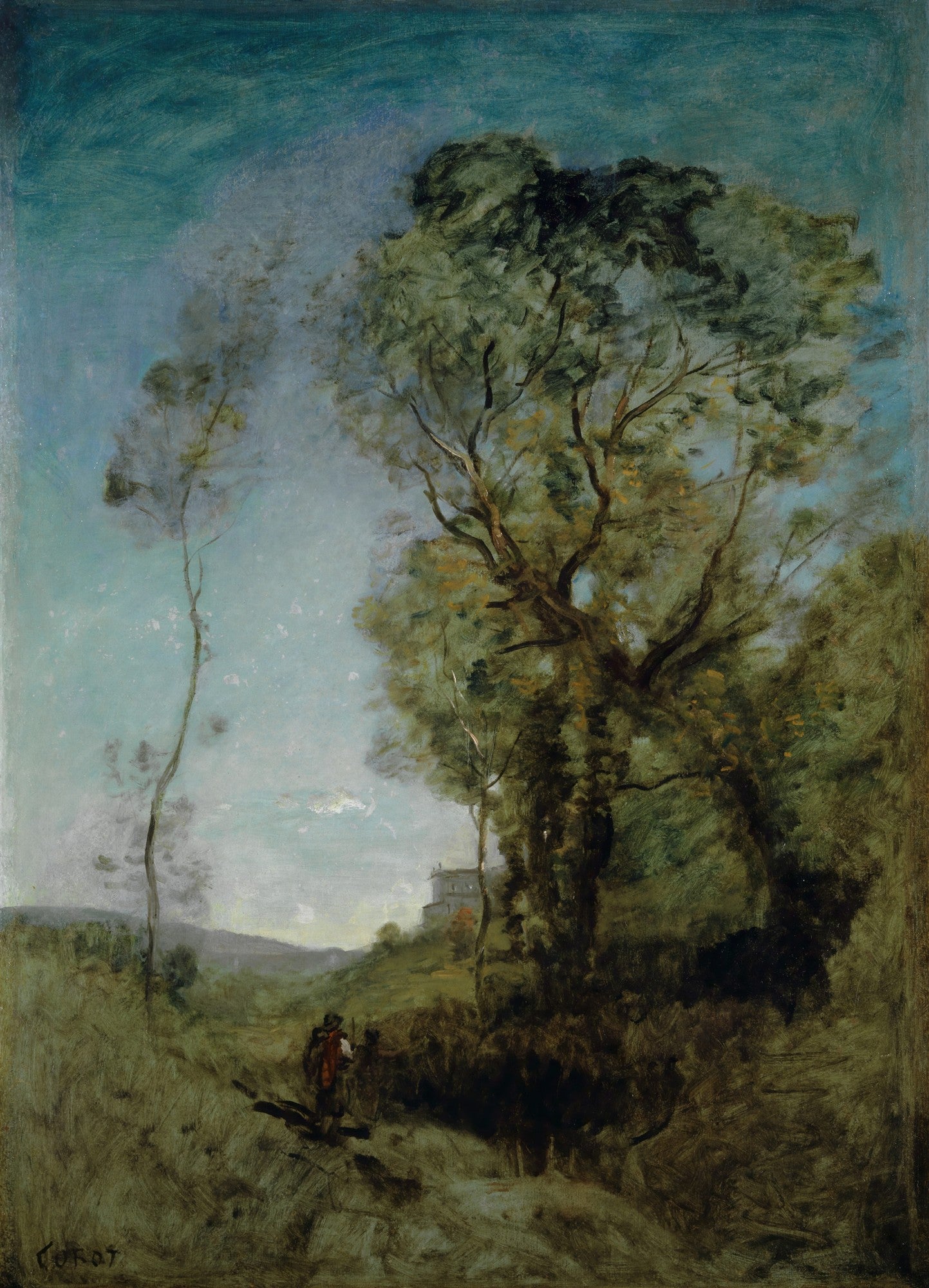 Quadro decorativo paisagem de Corot com um viajante solitário em um caminho entre árvores frondosas e um céu azul-turquesa. Uma casa distante aparece na colina.