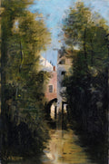 Pintura a óleo atribuída a Jean-Baptiste Camille Corot, retratando uma paisagem com vegetação densa e edifícios claros refletidos em um curso d'água estreito sob um céu azul. Tons de verde escuro, marrom e azul claro predominam.