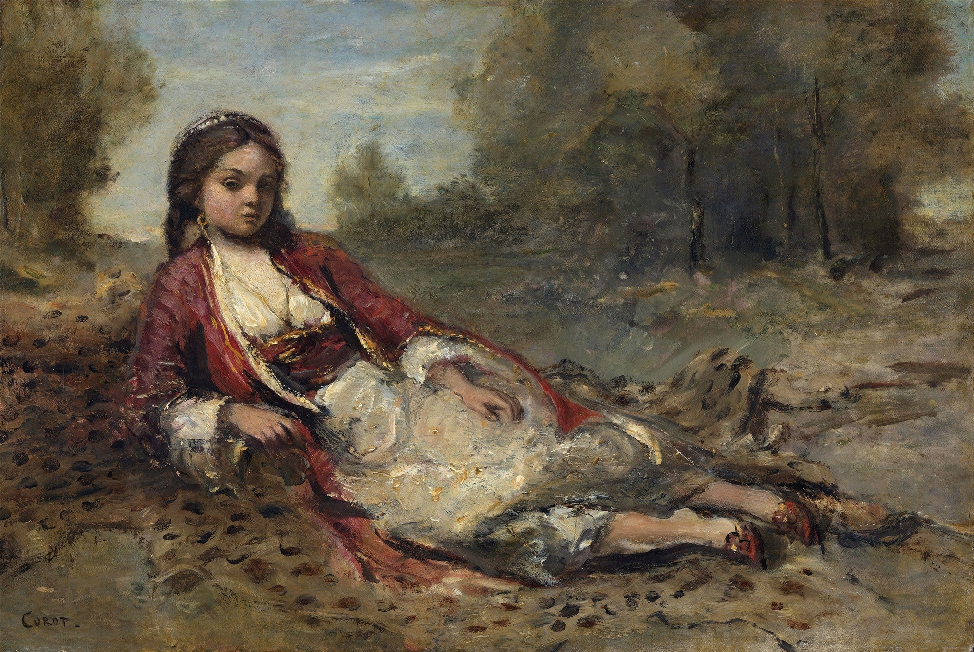 Pintura a óleo de Jean-Baptiste Camille Corot mostrando uma jovem mulher deitada em um ambiente natural, vestindo trajes argelinos tradicionais em tons de vermelho e branco, com expressão pensativa. A paisagem ao fundo é escura e borrada, com árvores e folhagem.