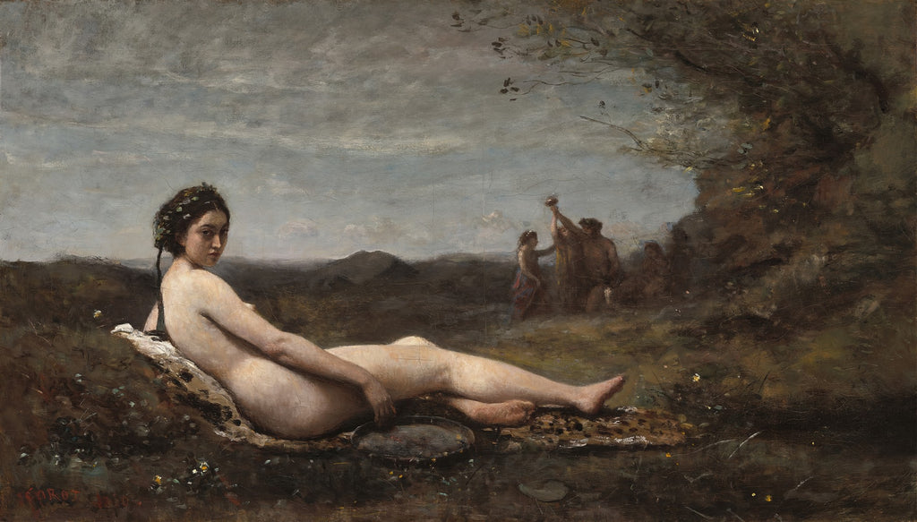 Pintura a óleo de Jean-Baptiste Camille Corot, intitulada Bacchante au bord de la mer. Uma mulher nua repousa em uma paisagem escura, com figuras mitológicas ao fundo. A paleta é dominada por tons de cinza, marrom e verde-oliva, com um céu nublado.