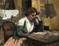 Pintura de Corot, 'A Leitora Solitária', retratando uma mulher jovem de perfil, sentada à mesa, com o cotovelo apoiado e a mão no rosto, lendo um livro. As cores são predominantemente terrosas e escuras, com um toque de branco na camisa e rosa na saia.