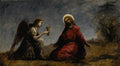Quadro decorativo mostrando Jesus Cristo ajoelhado em agonia, com um anjo oferecendo um cálice, em uma cena noturna e sombria, obra de Corot.