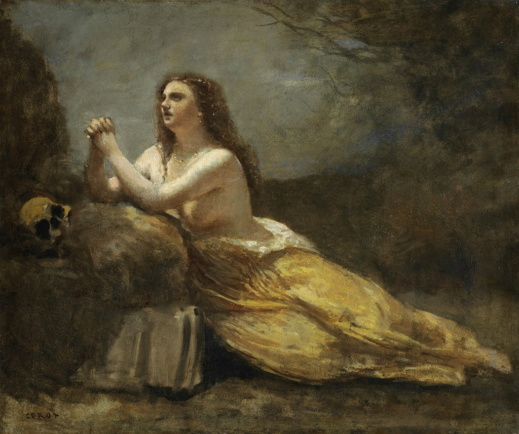 Pintura a óleo de Jean-Baptiste Camille Corot, Madalena Penitente, mostrando uma mulher ajoelhada com as mãos postas em oração, um crânio ao seu lado, em tons terrosos e escuros.