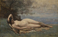 Pintura a óleo de Jean-Baptiste Camille Corot, representando uma mulher nua reclinada na grama à beira-mar, com a mão direita atrás da cabeça. O céu está nublado e o mar agitado. A paleta é predominantemente em tons de cinza, azul e marrom-esverdeado.