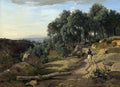 Pintura de Jean-Baptiste Camille Corot, paisagem florestal com um cavaleiro montado em um cavalo branco em um caminho de terra, com rochas e árvores densas ao redor e um vale ao fundo.