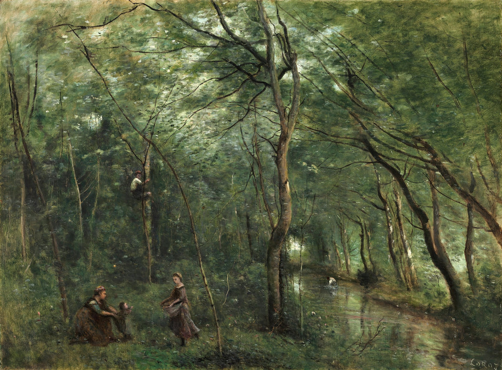 Pintura a óleo de Jean-Baptiste Camille Corot retratando uma floresta densa com árvores altas e folhagem exuberante. Três figuras humanas estão presentes: um homem subindo em uma árvore à esquerda, e duas mulheres interagindo no centro, uma delas carregando uma cesta. Um riacho serpenteia pela floresta à direita, com reflexos da luz. A paleta é dominada por tons de verde, marrom e cinza, com pinceladas soltas que criam uma atmosfera nebulosa e luminosa.
