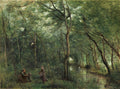 Pintura a óleo de Jean-Baptiste Camille Corot retratando uma floresta densa com árvores altas e folhagem exuberante. Três figuras humanas estão presentes: um homem subindo em uma árvore à esquerda, e duas mulheres interagindo no centro, uma delas carregando uma cesta. Um riacho serpenteia pela floresta à direita, com reflexos da luz. A paleta é dominada por tons de verde, marrom e cinza, com pinceladas soltas que criam uma atmosfera nebulosa e luminosa.