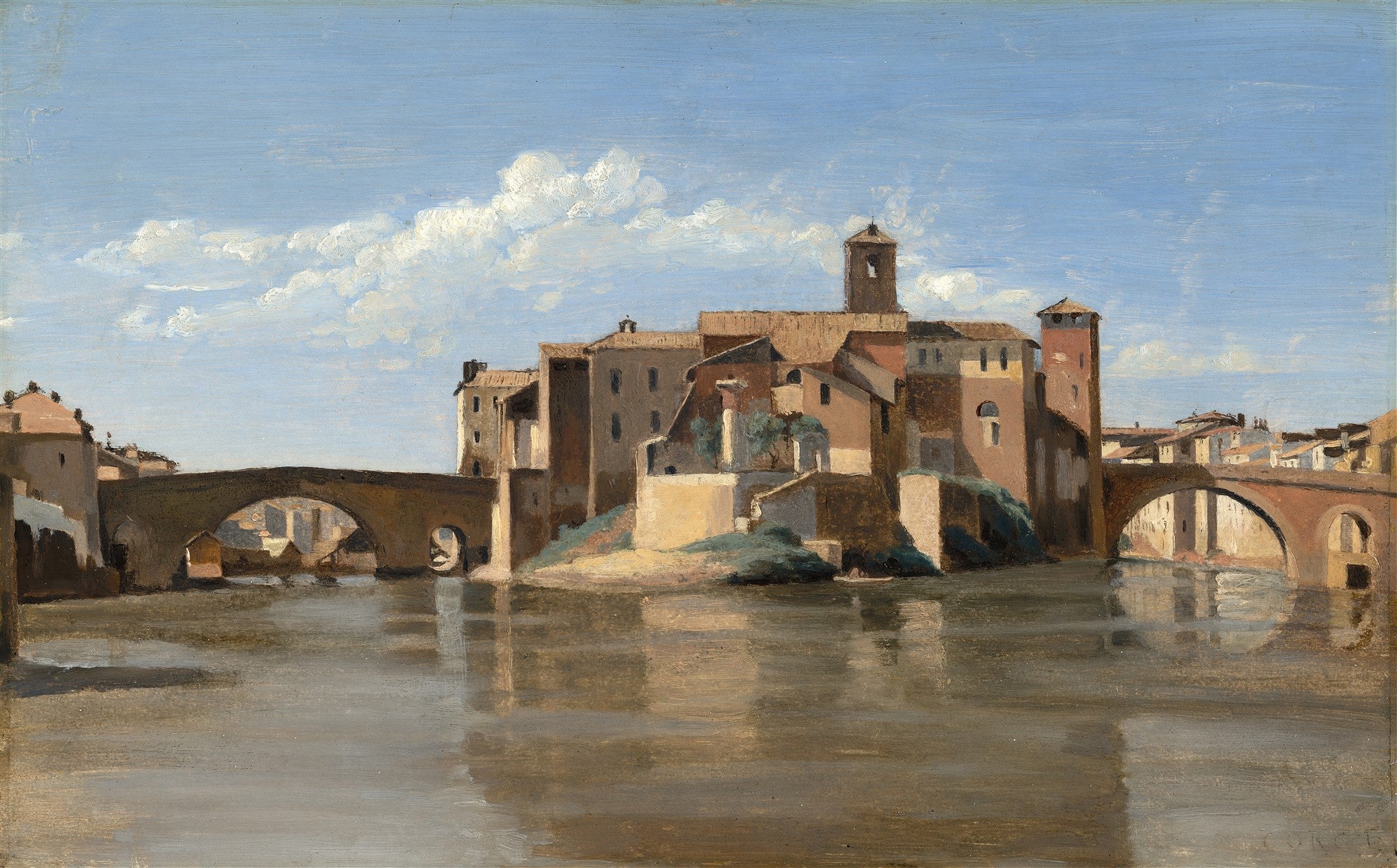 Pintura a óleo de Jean-Baptiste Camille Corot mostrando uma paisagem fluvial com edifícios antigos e pontes de pedra sob um céu azul com nuvens claras. A água do rio reflete as estruturas e o céu.