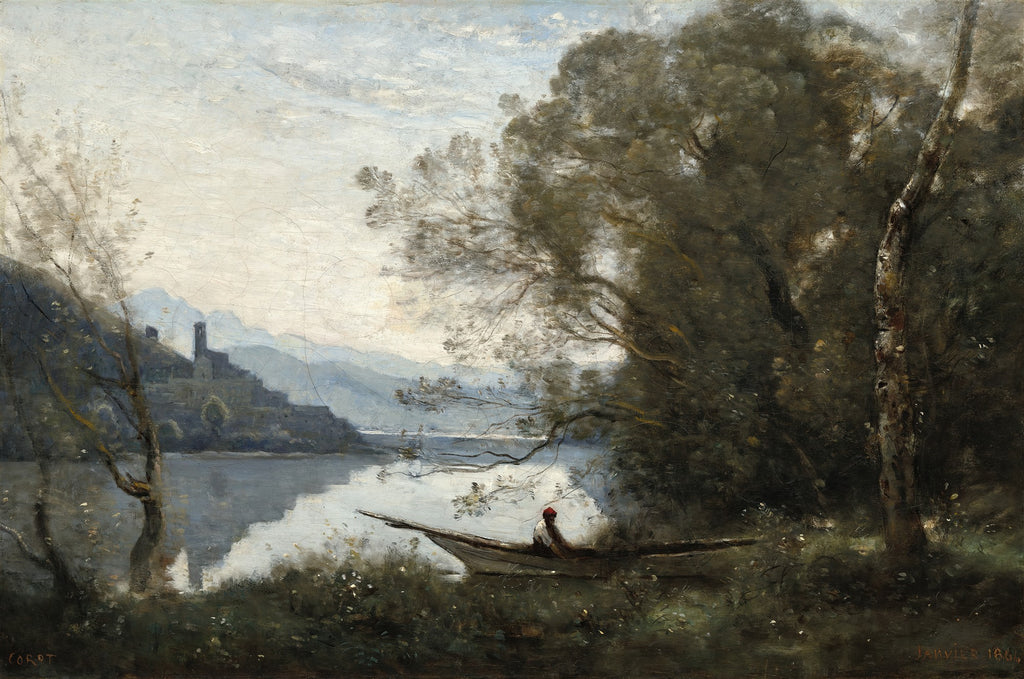 Pintura a óleo de Jean-Baptiste Camille Corot, "A Barca", retratando uma paisagem fluvial com um barco e uma figura, árvores frondosas à direita e montanhas com uma construção ao fundo, sob um céu nublado.