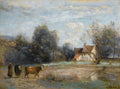 Pintura a óleo de Jean-Baptiste Camille Corot, representando uma paisagem rural com dois bois, uma figura feminina e uma casa de campo à direita, sob um céu nublado.