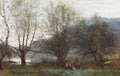 Pintura a óleo de Jean-Baptiste Camille Corot retratando uma paisagem arborizada com árvores de troncos finos e folhagem clara. Duas figuras estão sentadas ou ajoelhadas na grama em primeiro plano, em meio a flores. Ao fundo, estruturas arquitetônicas e colinas envoltas em névoa azulada.