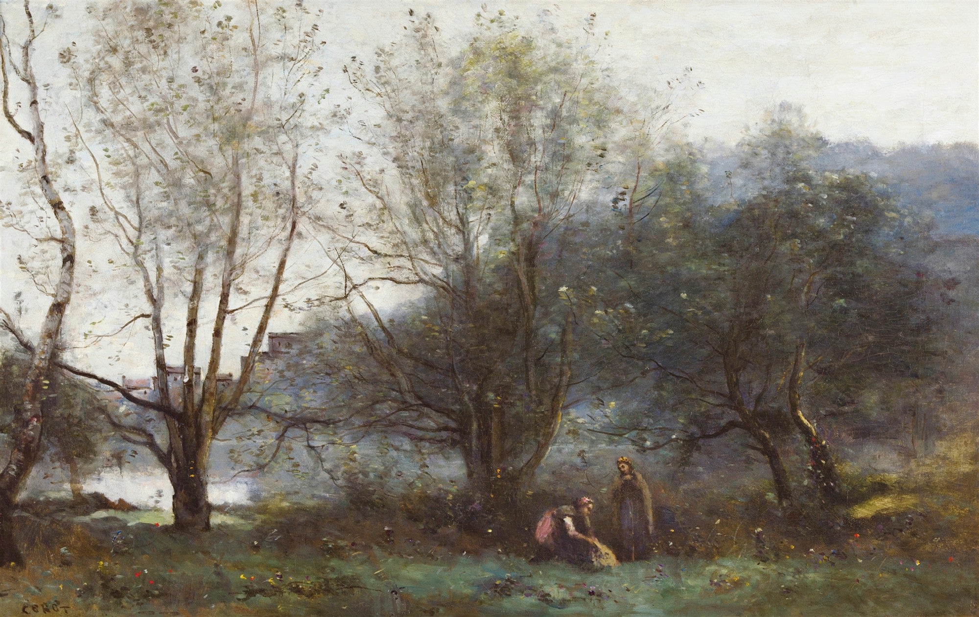 Pintura a óleo de Jean-Baptiste Camille Corot retratando uma paisagem arborizada com árvores de troncos finos e folhagem clara. Duas figuras estão sentadas ou ajoelhadas na grama em primeiro plano, em meio a flores. Ao fundo, estruturas arquitetônicas e colinas envoltas em névoa azulada.