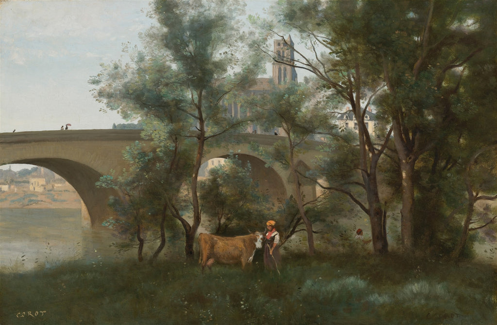Pintura de paisagem de Jean-Baptiste Camille Corot, A Ponte de Narni, com uma ponte de pedra sobre um rio, cercada por árvores frondosas e uma torre distante. Uma figura com um animal no primeiro plano.