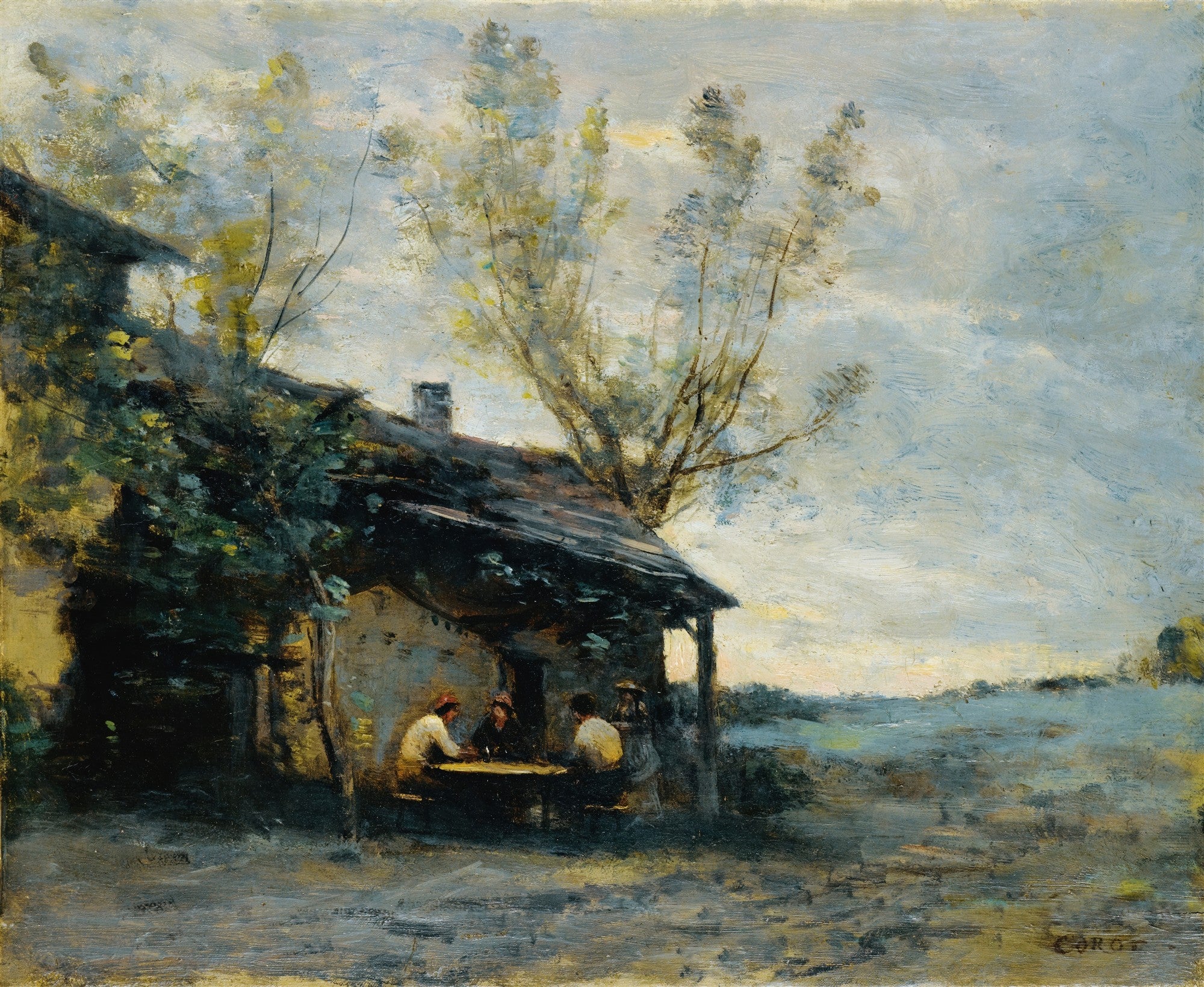 Pintura a óleo de Jean-Baptiste Camille Corot, A Cabana e o Campo. Retrata uma cabana rústica com figuras sentadas à mesa no exterior, sob um céu nublado e árvores esguias. A paisagem ao fundo é esverdeada e difusa, com luz suave.