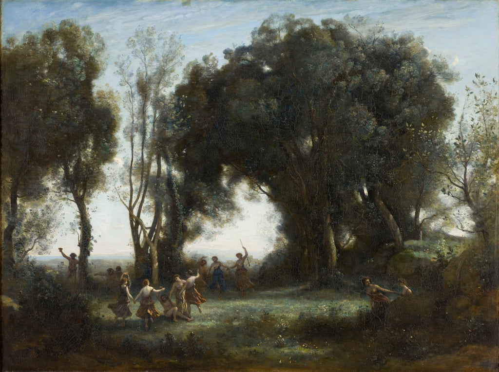 Pintura a óleo de Jean-Baptiste Camille Corot, "Un matin. Danse des Nymphes", retratando um grupo de ninfas e sátiros dançando em um bosque sob uma luz suave e difusa. As árvores frondosas dominam a cena, com folhagem densa em tons de verde e marrom, e o céu azul claro visível entre as copas.