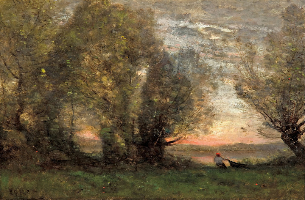 Pintura a óleo de Jean-Baptiste Camille Corot retratando uma paisagem com árvores, um rio ao fundo e o céu em tons de entardecer. Há uma figura humana sentada na grama, à direita, com um chapéu vermelho.