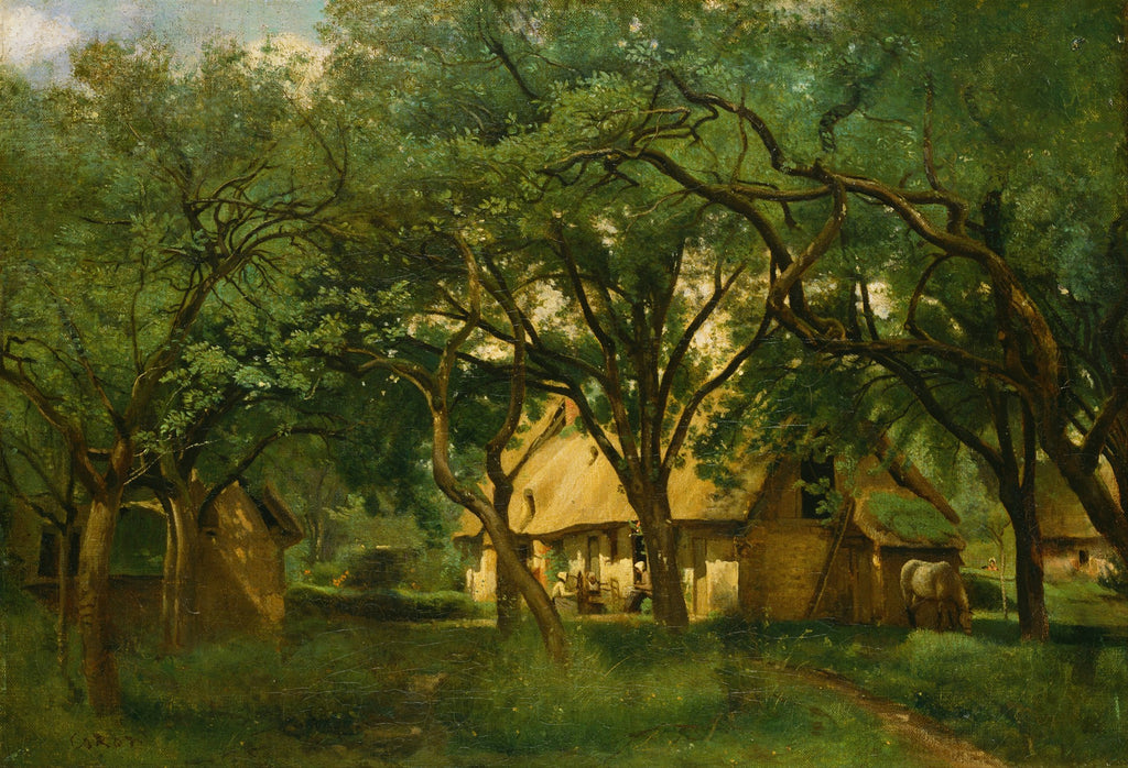 Uma pintura a óleo de Jean-Baptiste Camille Corot mostrando chalés rústicos aninhados entre árvores frondosas, com luz filtrando-se pela folhagem verde e um caminho de terra no primeiro plano. A atmosfera é calma e pastoral.