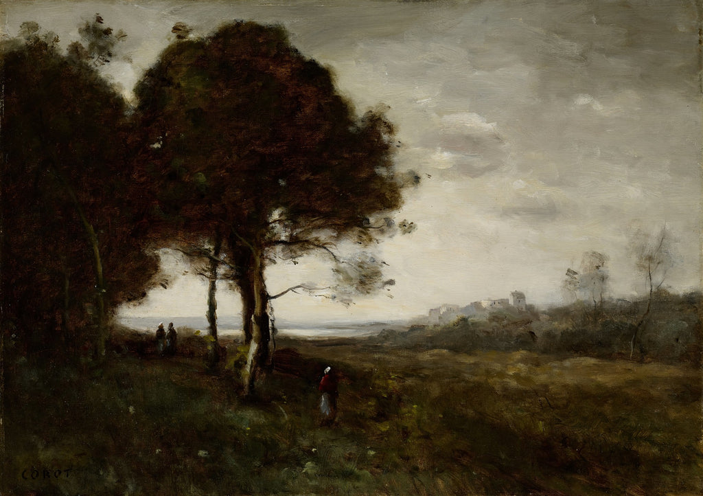 Pintura a óleo de Corot, paisagem com árvores escuras à esquerda, figuras pequenas, campo aberto e edifícios distantes sob céu nublado.