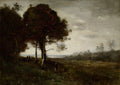Pintura a óleo de Corot, paisagem com árvores escuras à esquerda, figuras pequenas, campo aberto e edifícios distantes sob céu nublado.