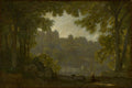Pintura a óleo de Jean-Baptiste Camille Corot mostrando uma paisagem campestre com árvores densas em primeiro plano e um vale com construções e pequenas figuras ao longe, sob um céu claro e suave. Predominam tons de verde e marrom, com luz esmaecida.