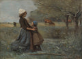 Pintura de Jean-Baptiste Camille Corot, 'La Maternité', mostrando uma mulher e uma criança em um campo, com vacas e árvores ao fundo. A mulher, de touca branca, abraça a criança, que veste uma touca azul. A cena é campestre e serena, com cores suaves e tons terrosos.