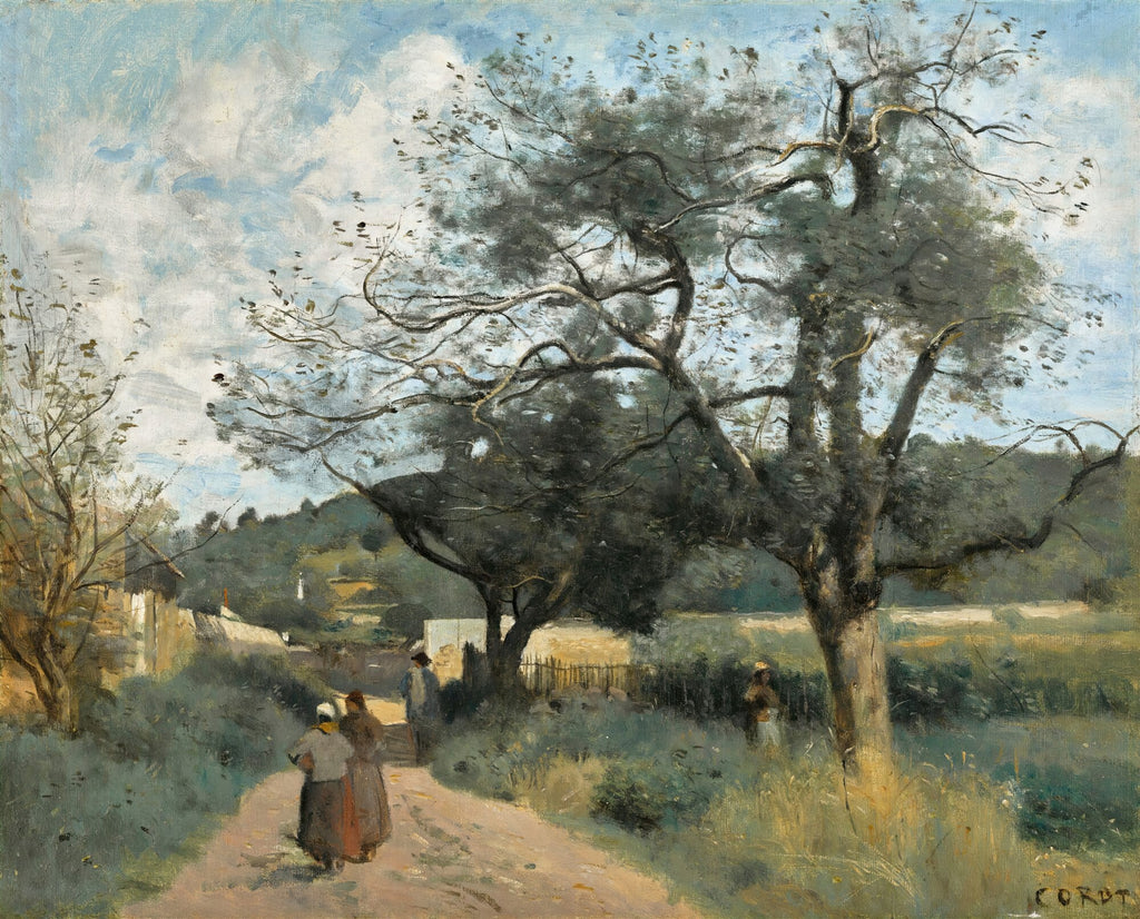 Pintura a óleo de uma paisagem rural com uma estrada de terra, árvores frondosas, e algumas figuras caminhando sob um céu parcialmente nublado, no estilo de Corot.