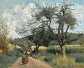 Pintura a óleo de uma paisagem rural com uma estrada de terra, árvores frondosas, e algumas figuras caminhando sob um céu parcialmente nublado, no estilo de Corot.