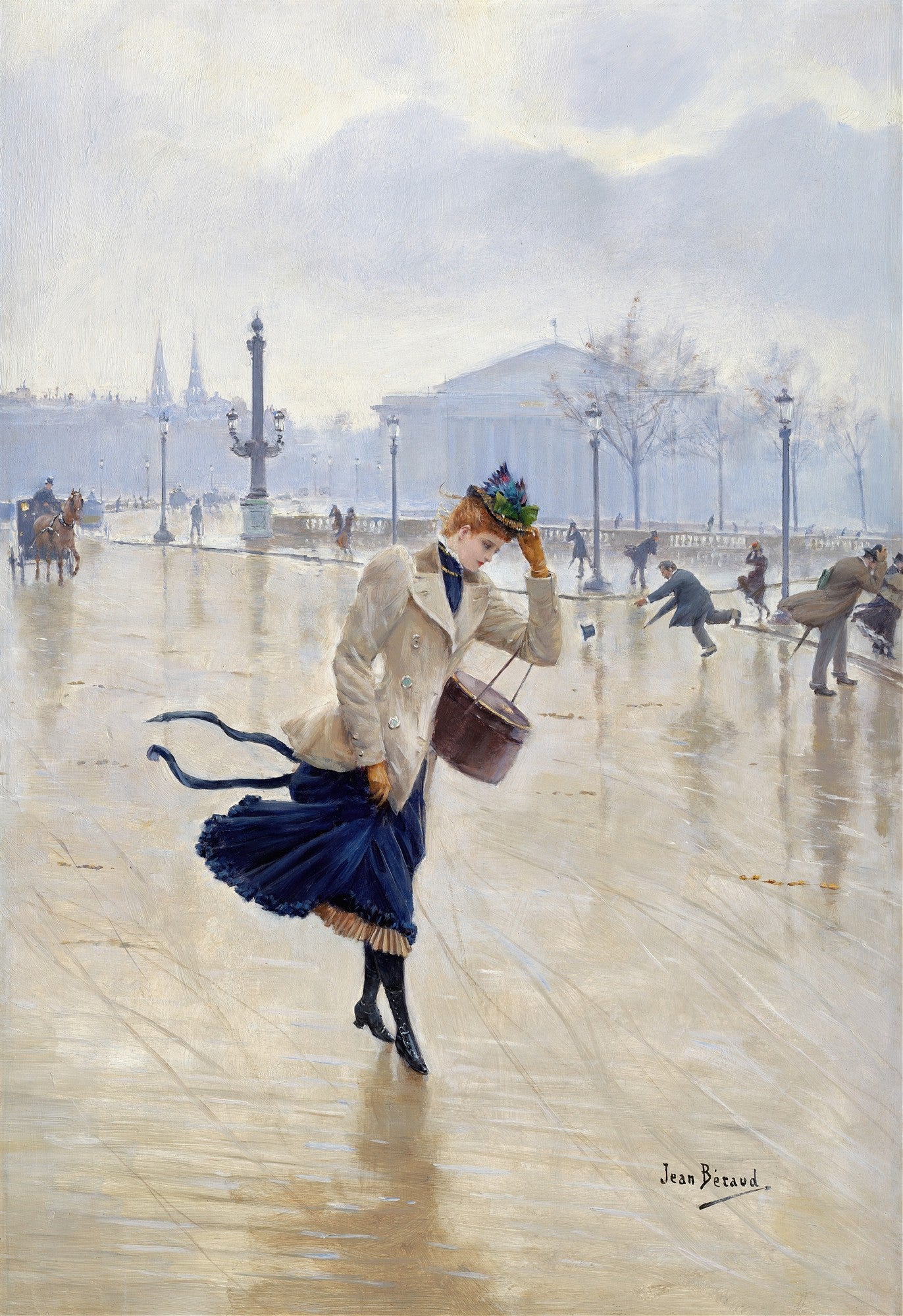 Quadro de Jean Béraud retratando uma mulher parisiense elegante em um dia ventoso na cidade, com detalhes arquitetônicos de Paris ao fundo.