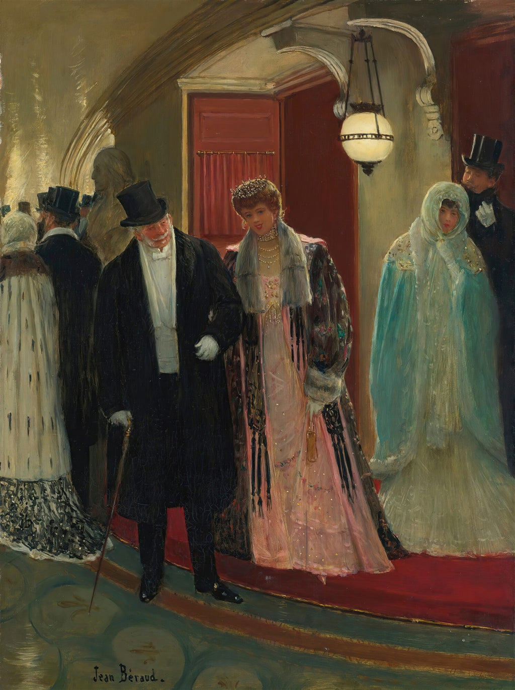 Quadro decorativo com uma cena noturna da Belle Époque, retratando pessoas elegantemente vestidas saindo de um teatro, com um homem de cartola e uma mulher de vestido rosa e casaco de pele em destaque, sob a luz de um lampião.