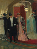 Quadro decorativo com uma cena noturna da Belle Époque, retratando pessoas elegantemente vestidas saindo de um teatro, com um homem de cartola e uma mulher de vestido rosa e casaco de pele em destaque, sob a luz de um lampião.