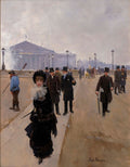 Quadro decorativo mostrando uma cena de rua parisiense no século XIX, com uma mulher elegante em primeiro plano e outras figuras e edifícios ao fundo, sob um céu nublado, estilo Jean Béraud.