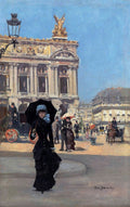 Quadro decorativo da obra A Saída da Ópera de Jean Béraud, retratando uma mulher com guarda-chuva em frente a um edifício parisiense, com outras pessoas e carruagens ao fundo.