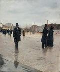 Quadro decorativo com a pintura 'A Rua de Paris' de Jean Béraud, retratando uma rua parisiense molhada pela chuva, com figuras vestidas elegantemente com roupas escuras e chapéus, sob um céu nublado, em tons de cinza, marrom e preto. Ao fundo, edifícios e árvores sem folhas.
