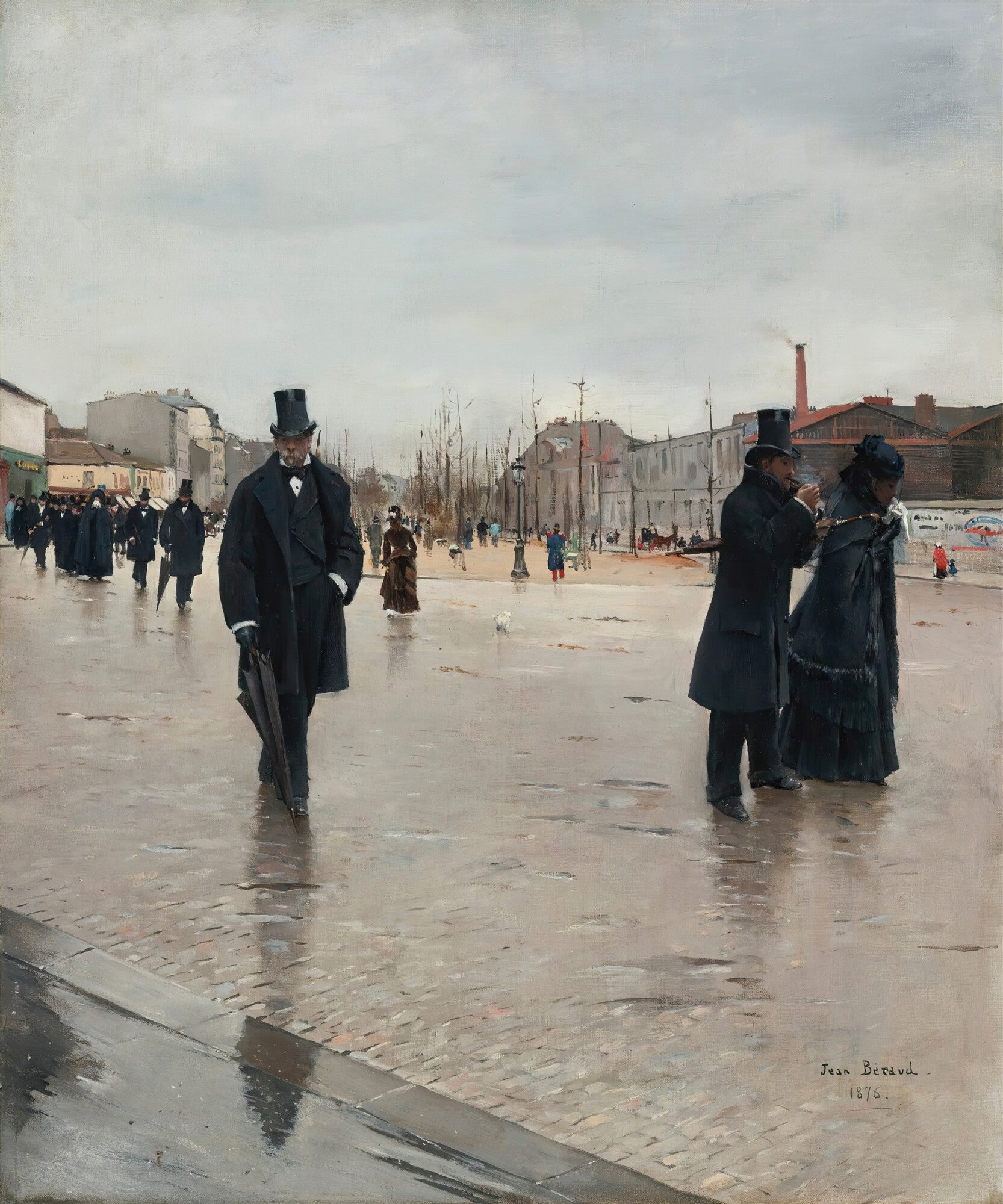 Quadro decorativo com a pintura 'A Rua de Paris' de Jean Béraud, retratando uma rua parisiense molhada pela chuva, com figuras vestidas elegantemente com roupas escuras e chapéus, sob um céu nublado, em tons de cinza, marrom e preto. Ao fundo, edifícios e árvores sem folhas.