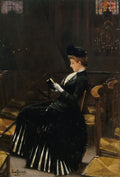 Quadro decorativo com a pintura 'A Leitora Piedosa' de Jean Béraud, retratando uma mulher elegante sentada em um banco de igreja, lendo um livro com um rosário nas mãos, em um ambiente de penumbra com vitrais ao fundo.