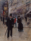 Quadro decorativo mostrando uma cena de rua parisiense no século XIX de Jean Béraud, com figuras elegantemente vestidas sob um céu cinzento, lojas ao fundo e um homem em primeiro plano segurando um guarda-chuva.