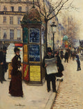 Quadro decorativo com pintura de Jean Béraud retratando uma rua parisiense movimentada com figuras elegantes, uma coluna de anúncios e edifícios clássicos.