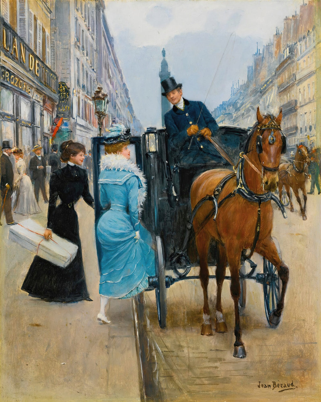 Quadro decorativo com cena urbana parisiense, mostrando damas elegantes em trajes de época embarcando em uma carruagem puxada por cavalos, com edifícios franceses ao fundo, assinado por Jean Béraud.
