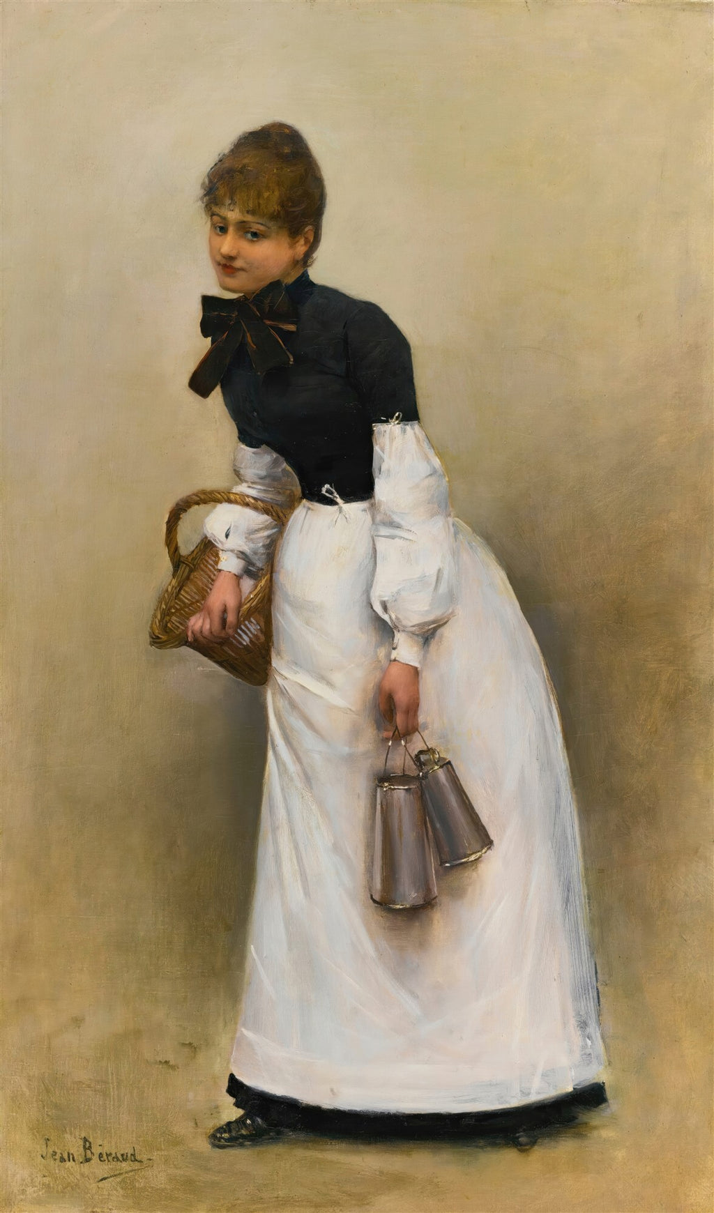 Quadro decorativo 'A Jovem Leiteira' de Jean Béraud, retratando uma mulher jovem em vestido branco e blusa escura, segurando uma cesta e dois baldes de leite, com expressão serena.