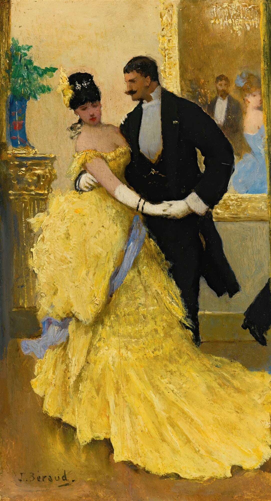 Quadro decorativo com pintura a óleo de Jean Béraud, 'O Baile', retratando um casal dançando em um salão. A mulher usa um vestido amarelo vibrante e luvas brancas, o homem um terno preto. Detalhes de espelho e outros convidados ao fundo. Assinatura do artista no canto inferior esquerdo.