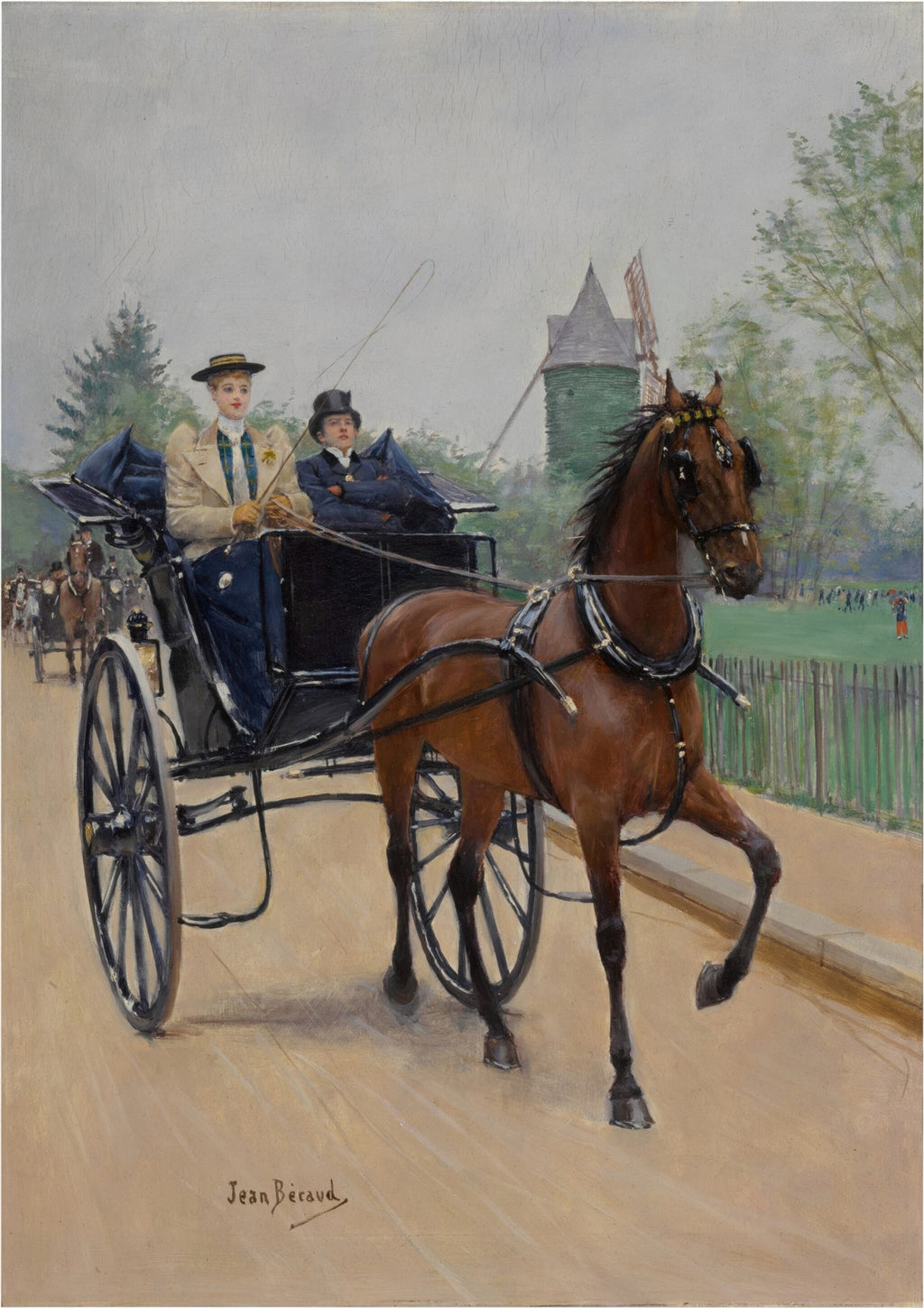 Quadro decorativo 'A Carruagem' de Jean Béraud, retratando uma mulher elegante e um cocheiro em uma carruagem puxada por um cavalo marrom, em uma paisagem com moinho ao fundo, em estilo realista do século XIX.